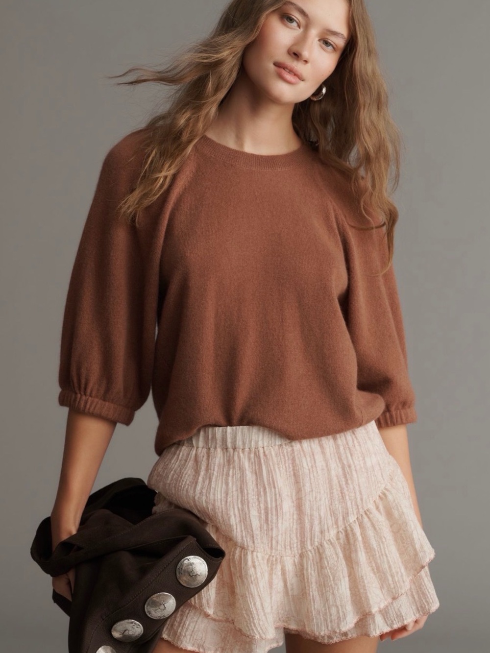 Anthropologie Women’s Cashmere Balloon-Sleeve Sweater in Chestnut NWT
